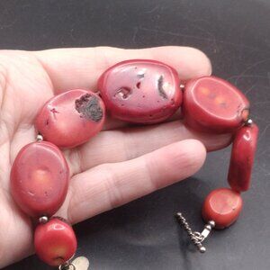Donna Dressler Real Coral Bracelet Sterling Silver Toggle Clasp 8'' long